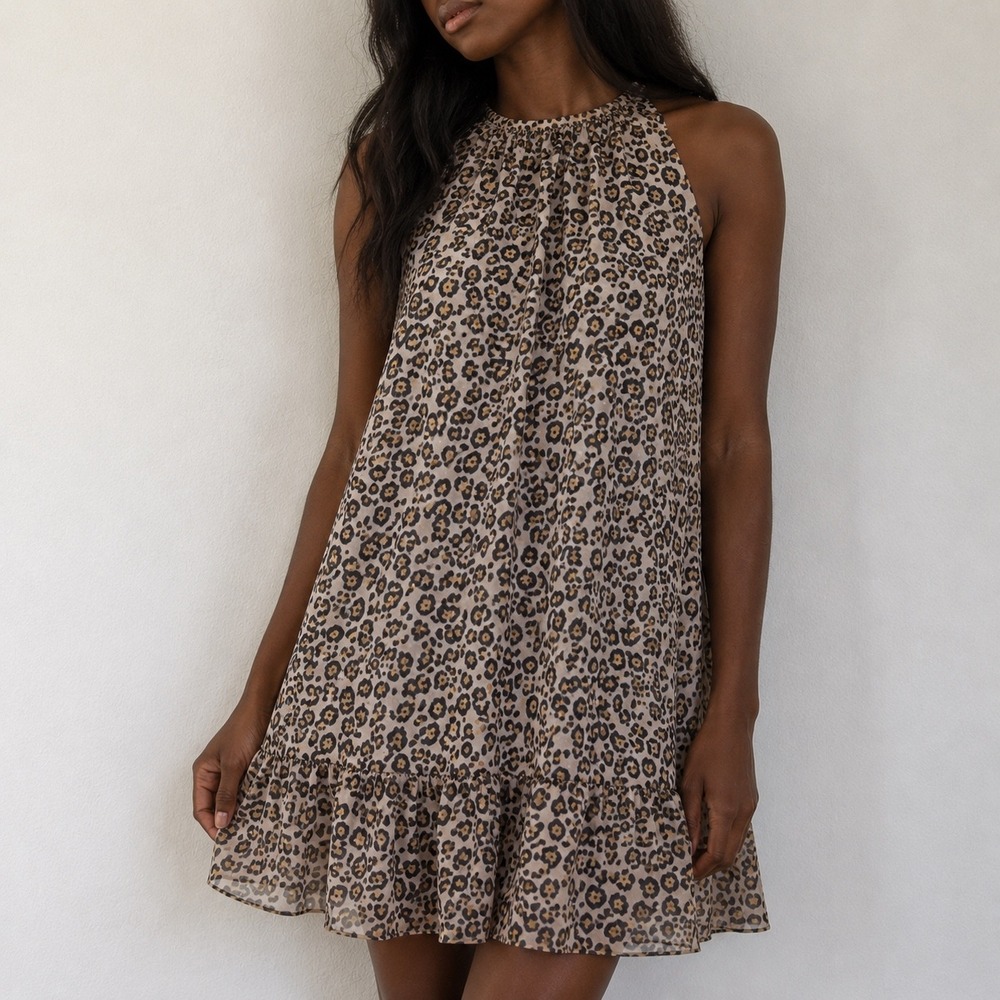 Loft Tan Leopard Print Ruffle Hem Dress XSP Animal Print Boho Chic